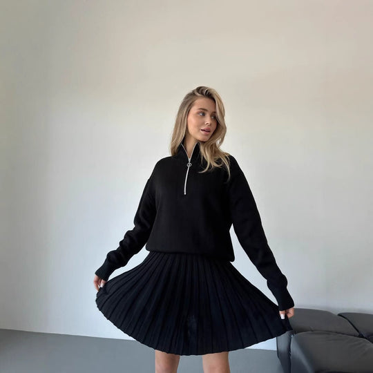 Damen gemütliches Strick-Set mit Reißverschluss-Pullover und plissiertem Rock Shop Nory