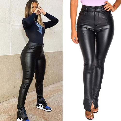 Damen High-Waist Skinny Lederimitat-Hose mit Frontschlitz Shop Nory