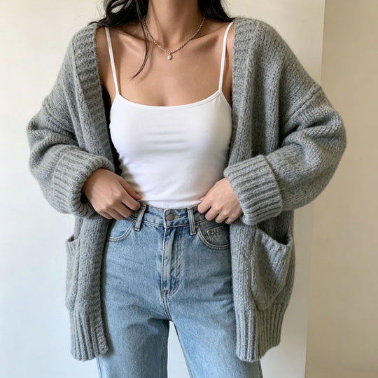 Damen Langer Offener Grobstrick-Cardigan mit aufgesetzten Taschen und gerippten Bündchen Shop Nory