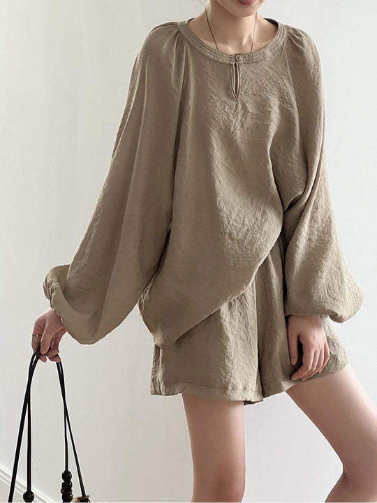 Damen Lockeres Leinen-Set mit Rundhalsausschnitt, Schlitzbluse und weiten Shorts Shop Nory