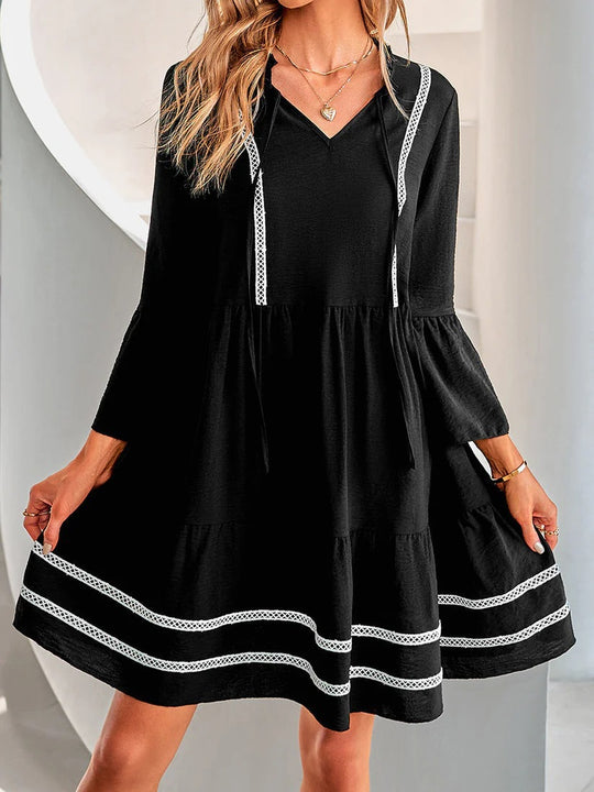 Damen Stufiges Tunika-Kleid mit V-Ausschnitt, Kordelzug und Glockenärmeln Shop Nory