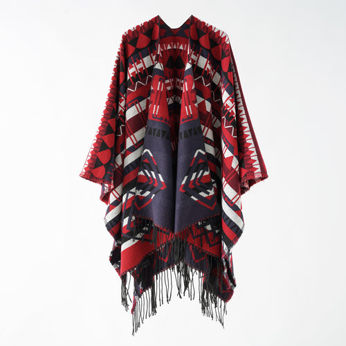 Damen Gewebter Fransenponcho mit Ethno-Jacquard und Oversize-Fall Shop Nory