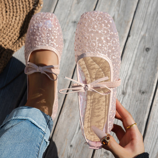 Damen elegante Ballerinas mit floralen Applikationen und rutschfester Sohle