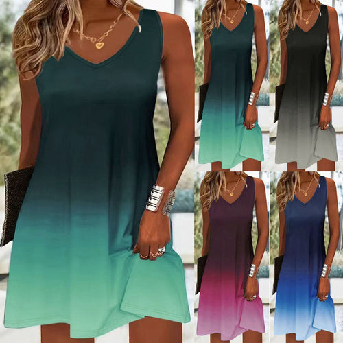 Damen V-Ausschnitt Sommerkleid mit lShopnoryhaftem Farbverlauf und leichtem, atmungsaktivem Stoff Shopnory
