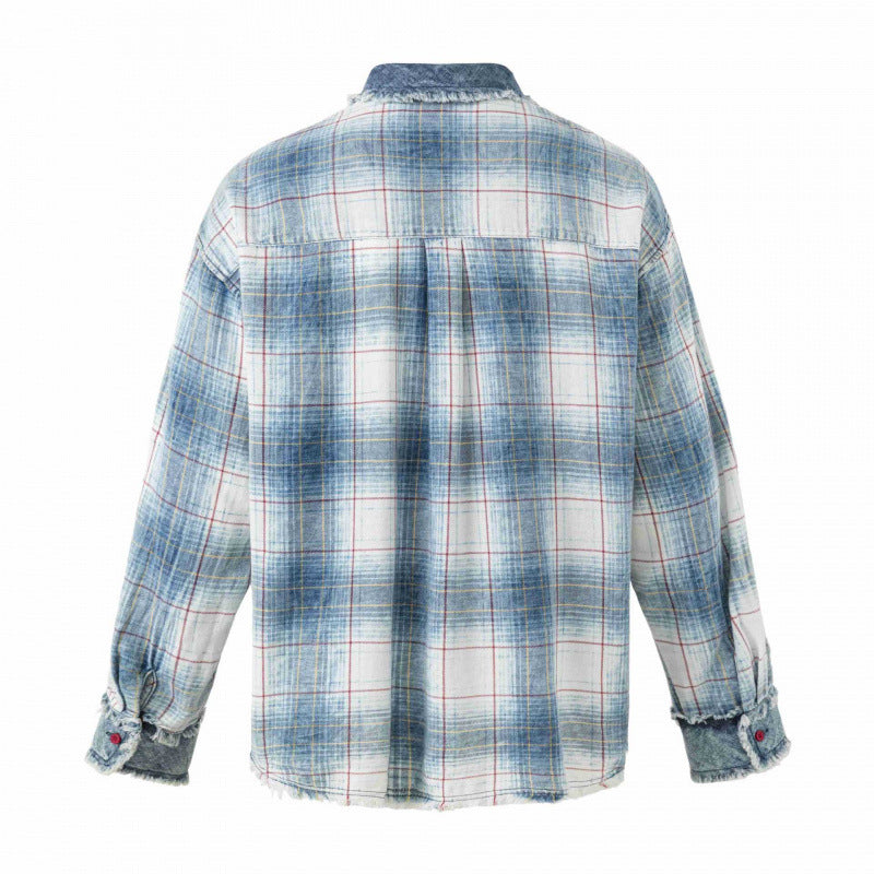 Unisex Kariertes Overshirt im Used-Look mit Fransen, Jeanskragen und aufgesetzter Brusttasche Shop Nory