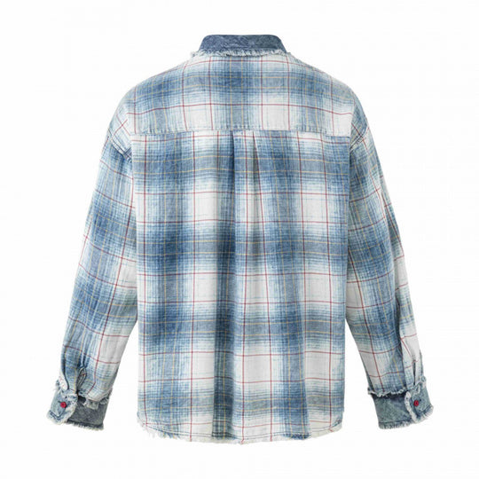Unisex Kariertes Overshirt im Used-Look mit Fransen, Jeanskragen und aufgesetzter Brusttasche Shop Nory