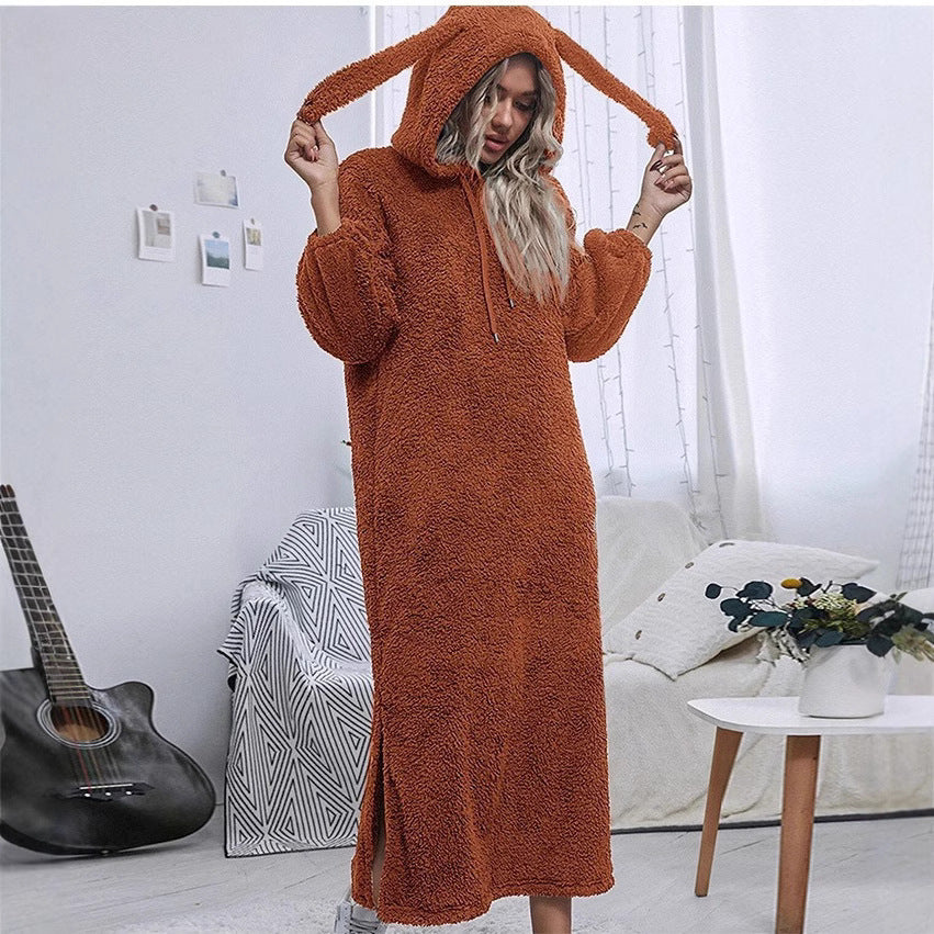 Damen Flauschiger Fleece-Hoodie-Kleid mit Ohren und seitlichen Schlitzen Shopnory
