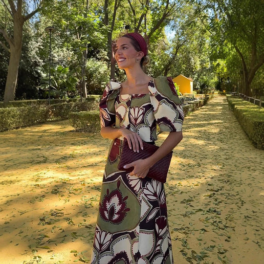 Damen Maxikleid-Set mit Puffärmeln, tailliertem Midriff und floral-geometrischem Print Shop Nory
