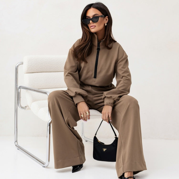 Damen relaxed-fit Zip-Pullover mit elastischem Taillenbund und extraweiter Palazzo-Hose Zweiteiler Shop Nory