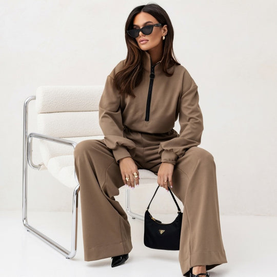 Damen relaxed-fit Zip-Pullover mit elastischem Taillenbund und extraweiter Palazzo-Hose Zweiteiler Shop Nory