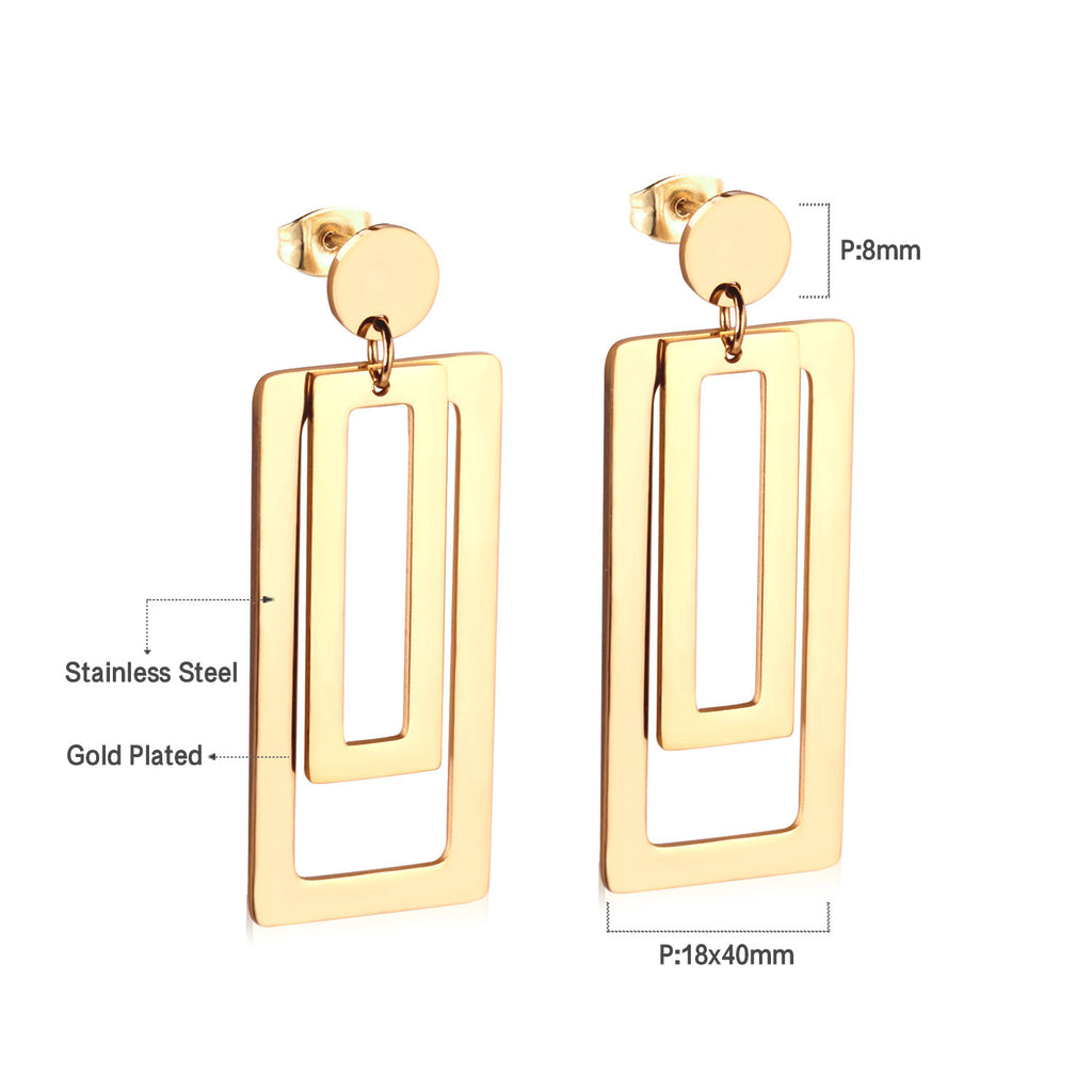 Damen Ohrringe mit elegantem, doppellagigem Rechteckdesign aus Edelstahl und goldplattierter Oberfläche Shop Nory