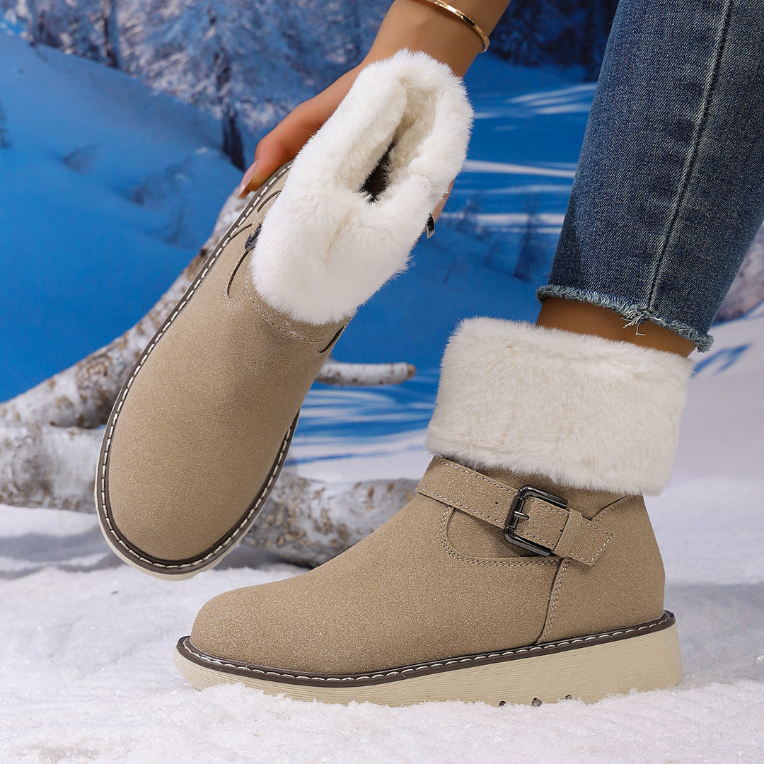 Damen Gefütterte Kurzstiefelette mit Kunstfellkragen, Velours‑Optik und Zierschnalle Shop Nory