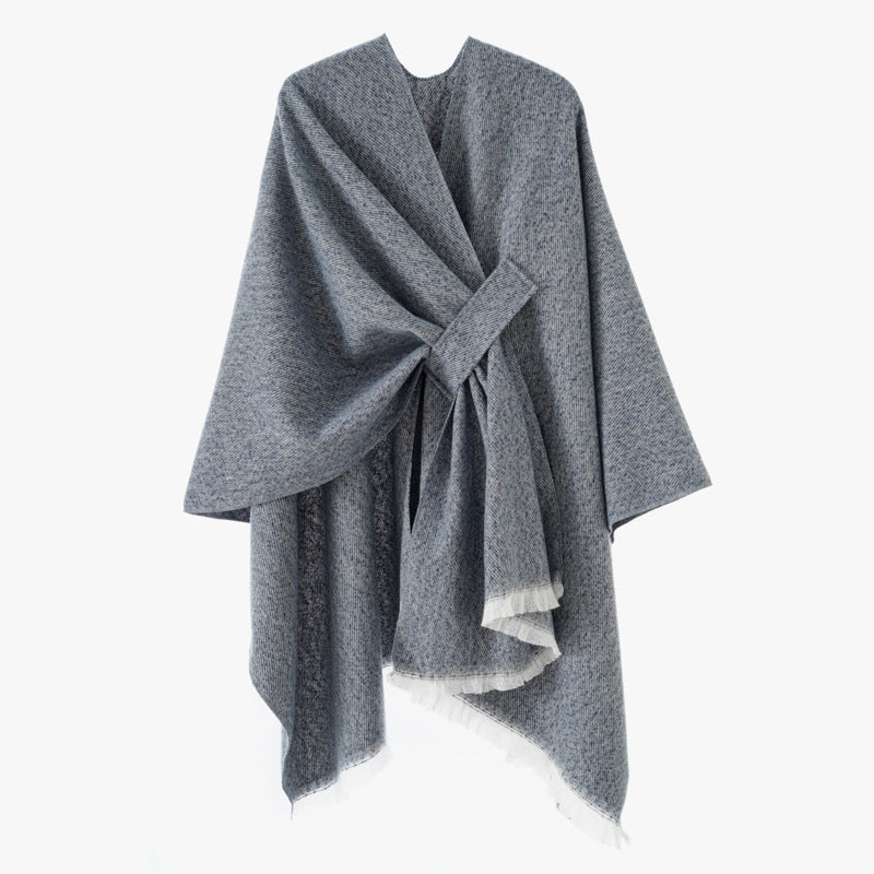 Damen Wollmix-Umhang mit Bindeschlaufe und Fransensaum Shop Nory