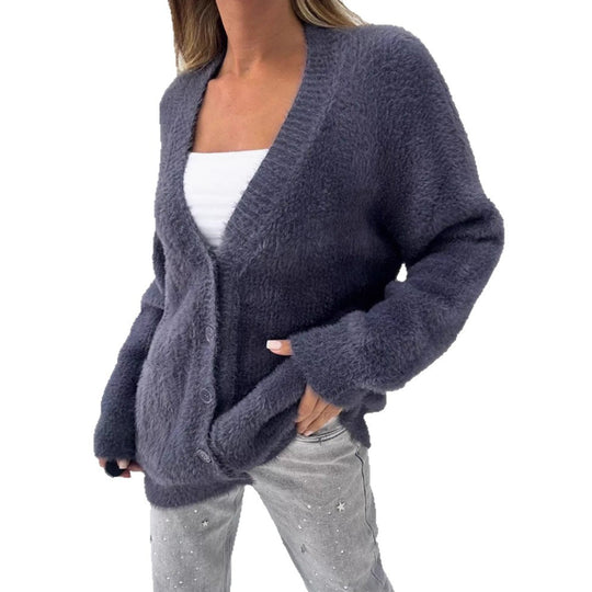 Damen Flauschiger Oversize-Cardigan mit tiefer V-Ausschnitt, Knopfleiste und Eingrifftaschen Shop Nory