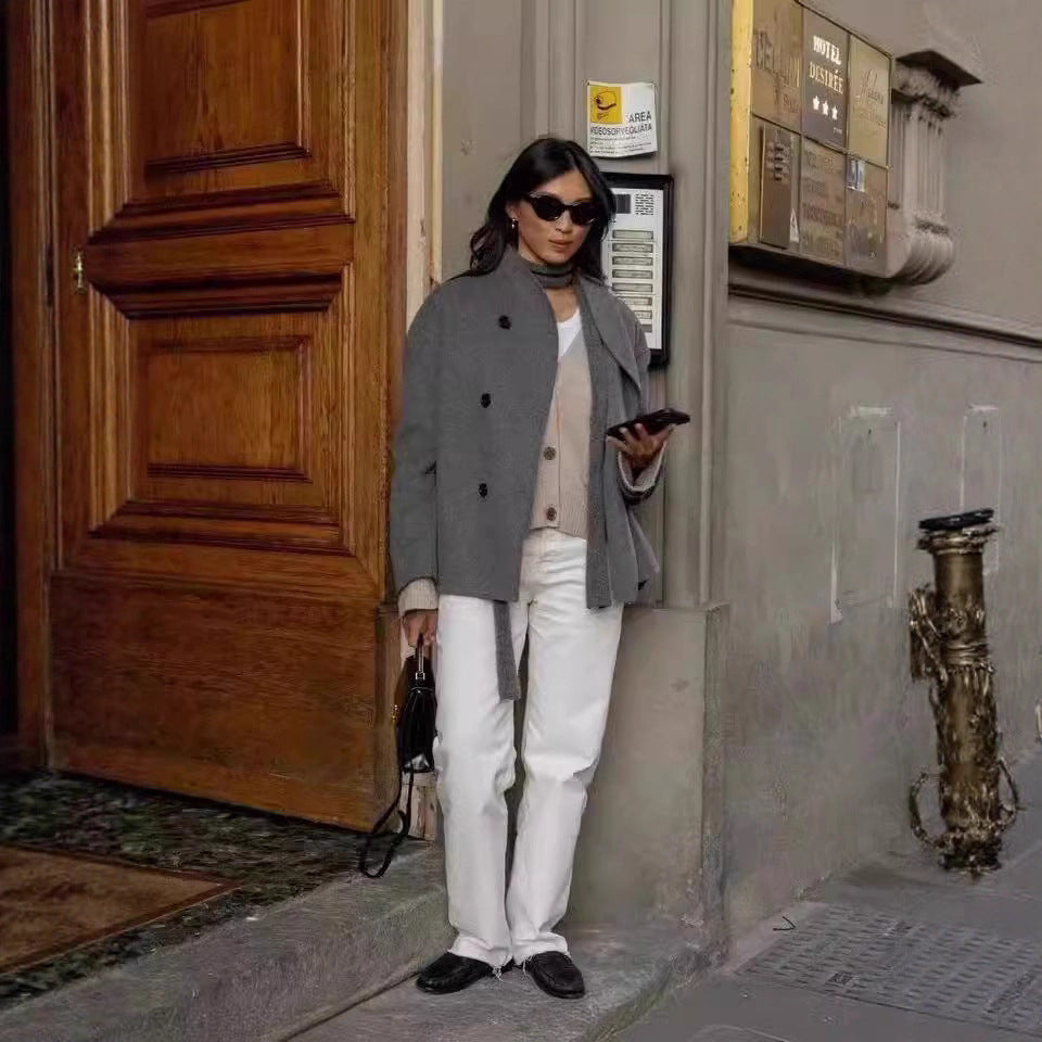 Damen Kurz geschnittener Oversize-Wollmantel mit doppelreihiger Knopfleiste und Stehkragen Shop Nory
