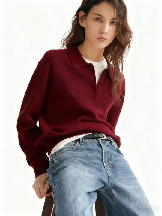 Damen Feinstrick-Polo-Sweater mit Knopfleiste und geripptem Saum Shop Nory