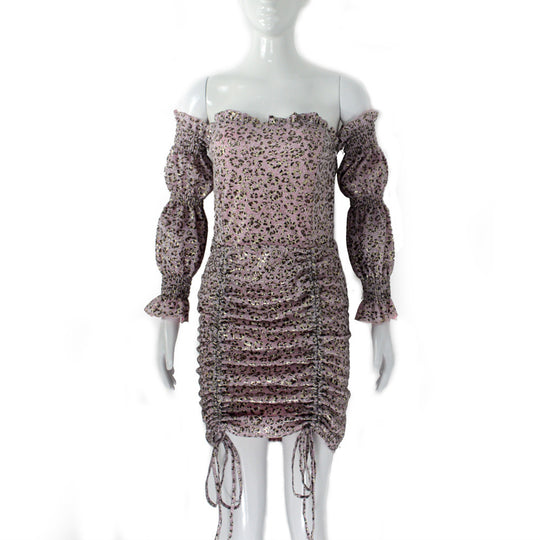 Damen Schulterfreies gerafftes Minikleid mit Puffärmeln, Smok-Oberteil & Seitenschnürung Shop Nory