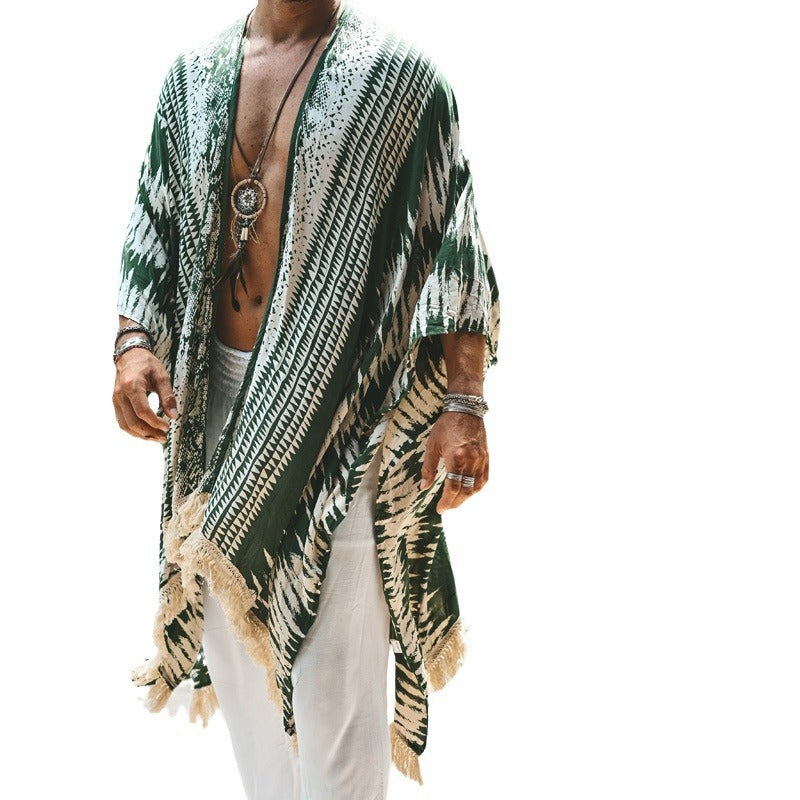 Herren nan leichter Strandponcho im Kimono-Stil mit Fransen