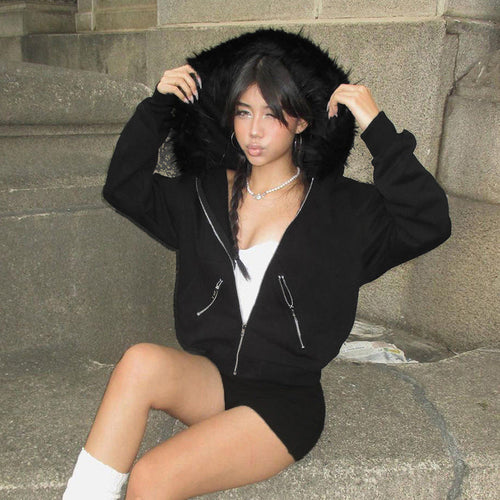 Damen warme Sweatjacke mit abnehmbarem Kunstfellkragen