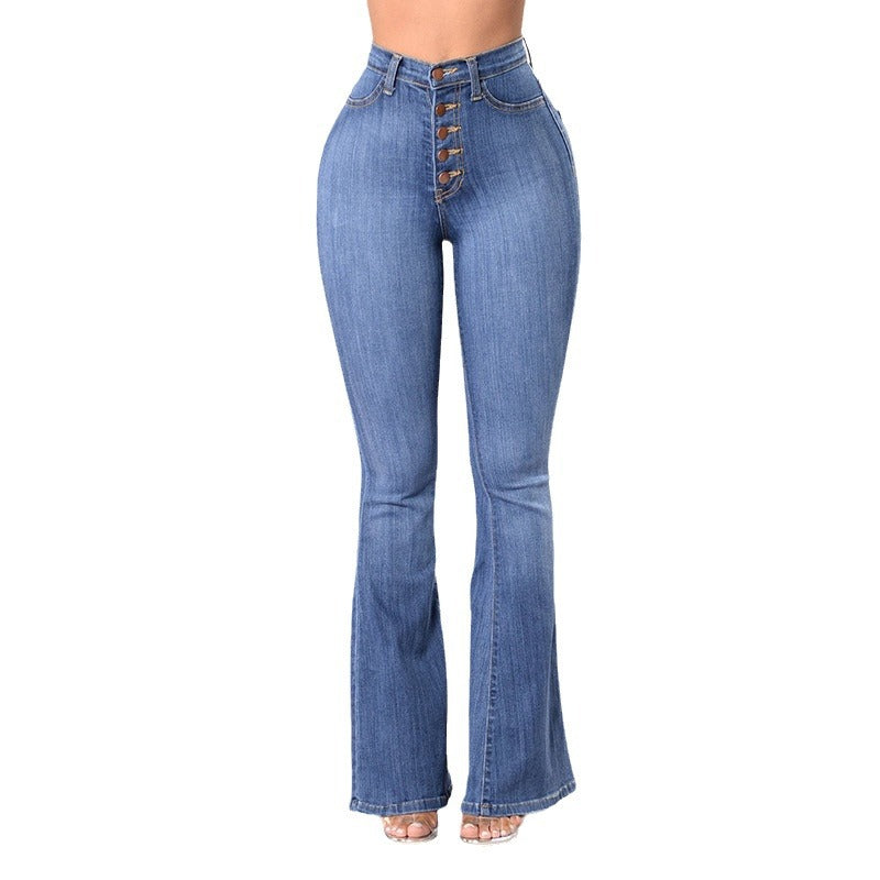 Damen High-Waist Flared Jeans mit dekorativen Knopfdetails und elastischem Bund Shopnory
