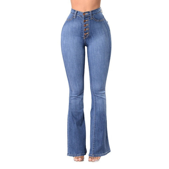 Damen High-Waist Flared Jeans mit dekorativen Knopfdetails und elastischem Bund Shopnory