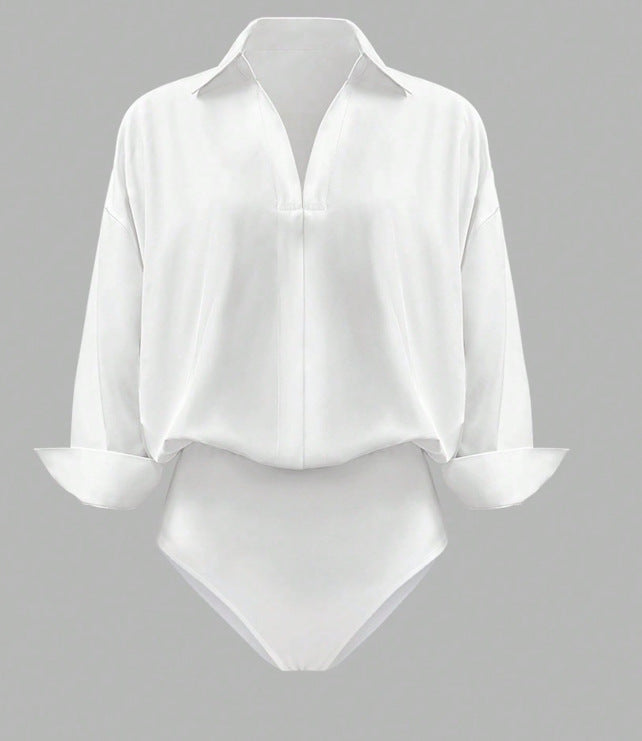 Damen Eleganter Hemdblusen-Body mit V-Ausschnitt, Oversize‑Schnitt und Umschlagmanschetten Shop Nory