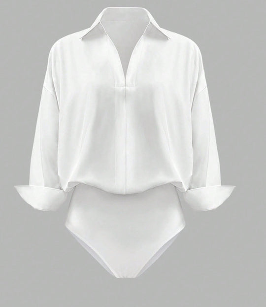 Damen Eleganter Hemdblusen-Body mit V-Ausschnitt, Oversize‑Schnitt und Umschlagmanschetten Shop Nory