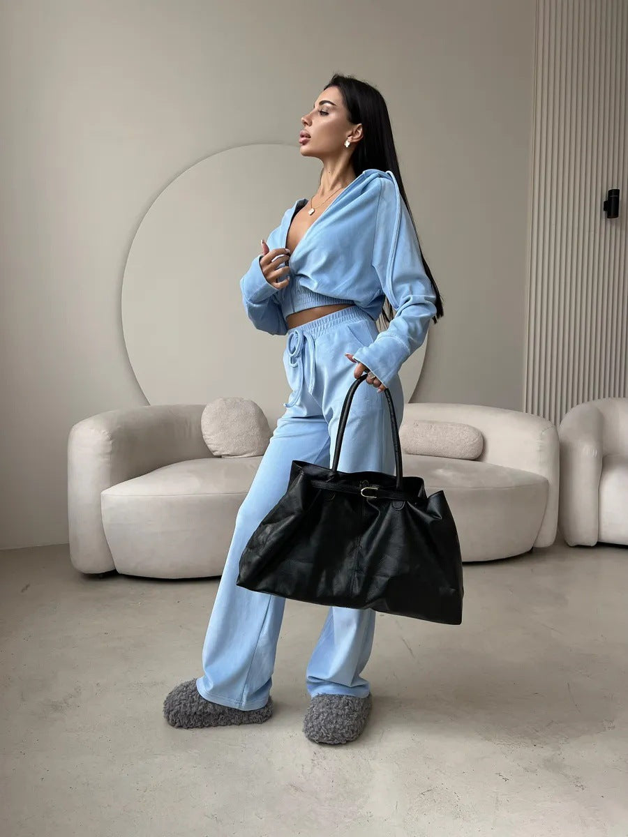 Damen luxuriöser Samt Zweiteiler Jogginganzug mit Cropped Reißverschluss und weiten Hosen Shop Nory