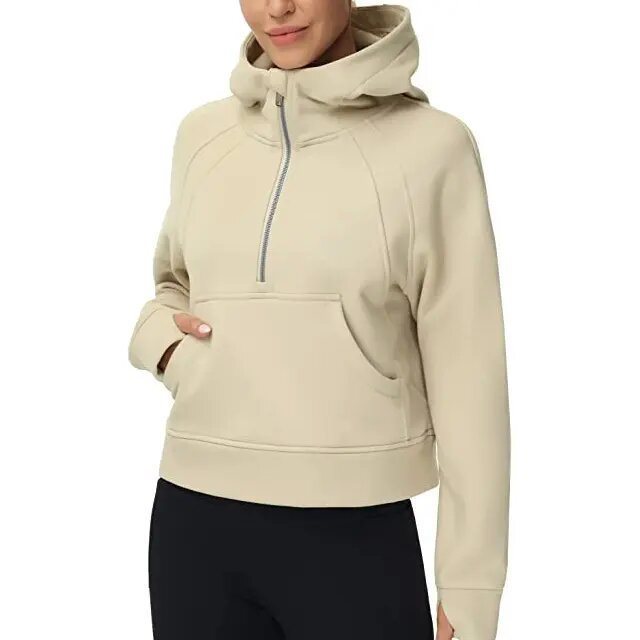 Damen Kurz geschnittener Kapuzenpullover mit halbem Reißverschluss und Kängurutasche Shop Nory
