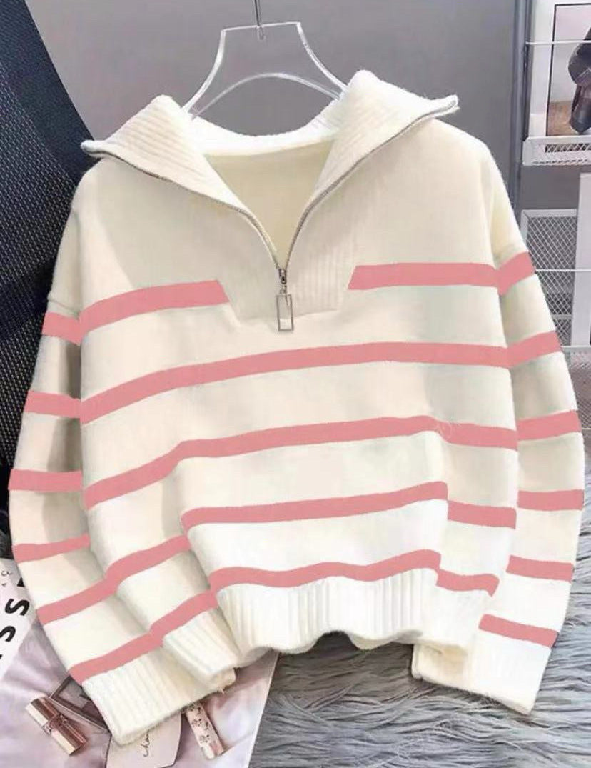 Damen Gestreifter Halb-Reißverschluss Strickpullover mit Rippenkragen Shop Nory
