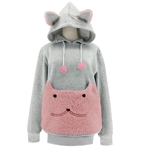 Damen Kuscheliger Kapuzenpullover mit Katzenmotiv und praktischer Känguru-Tasche