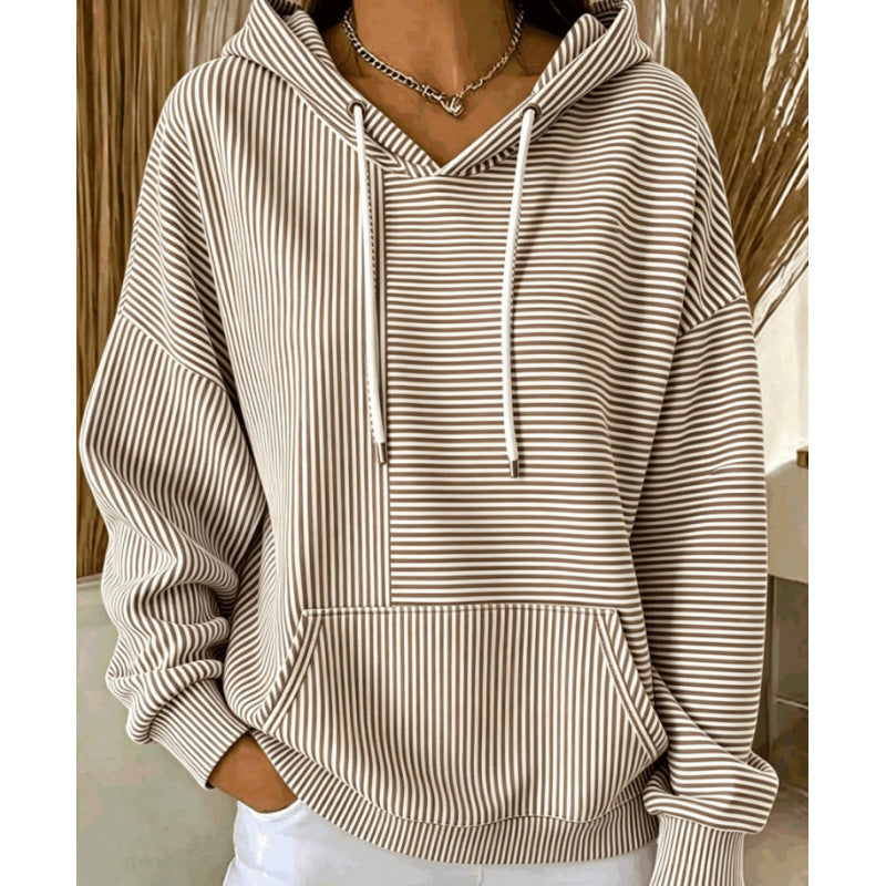 Damen Oversize Kapuzenpullover mit feinem Streifenprint, Kängurutasche und V-Ausschnitt-Kapuze Shop Nory