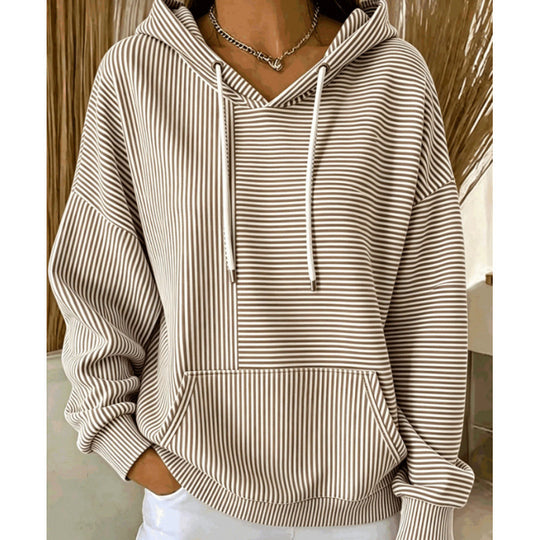 Damen Oversize Kapuzenpullover mit feinem Streifenprint, Kängurutasche und V-Ausschnitt-Kapuze Shop Nory