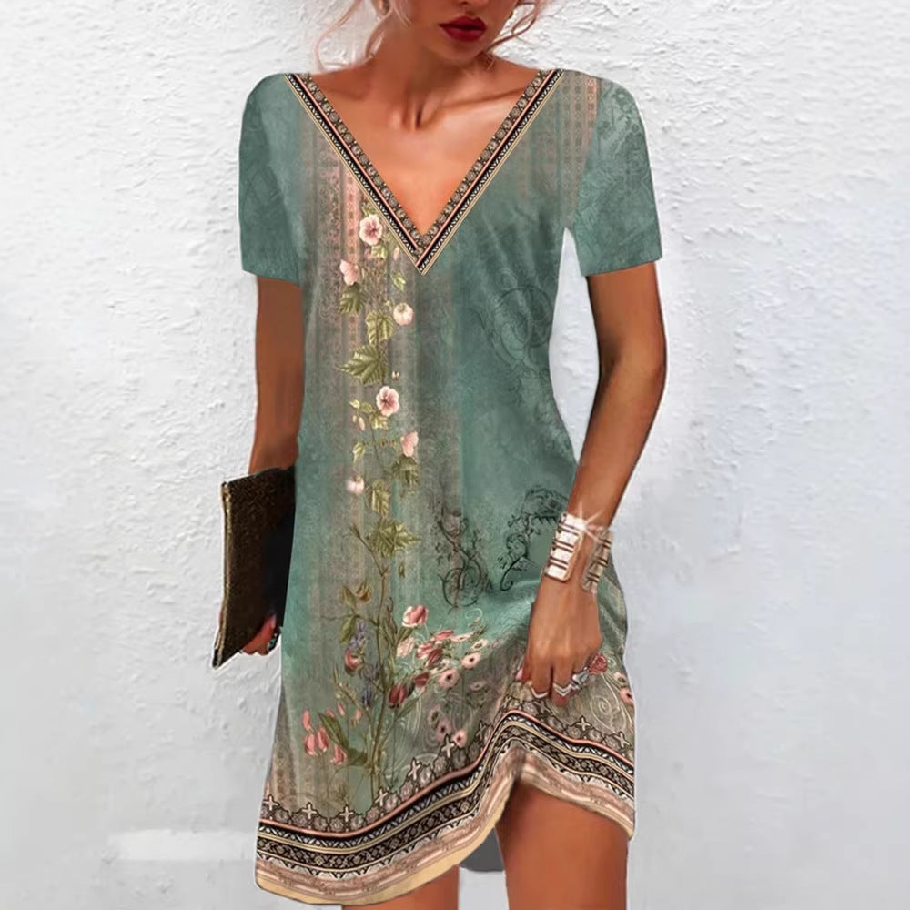 Frauen Floral V-Ausschnitt Tunika Kleid mit Border Print und langen Ärmeln Shop Nory