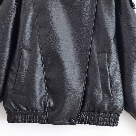 Damen Lederjacke mit hohem Stehkragen und asymmetrischer Druckknopfleiste Shop Nory