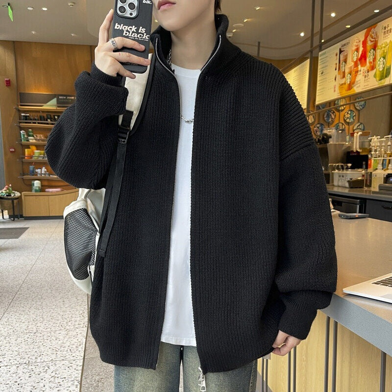 Unisex Oversized Strick-Zipjacke mit Stehkragen und Rippbündchen Shop Nory