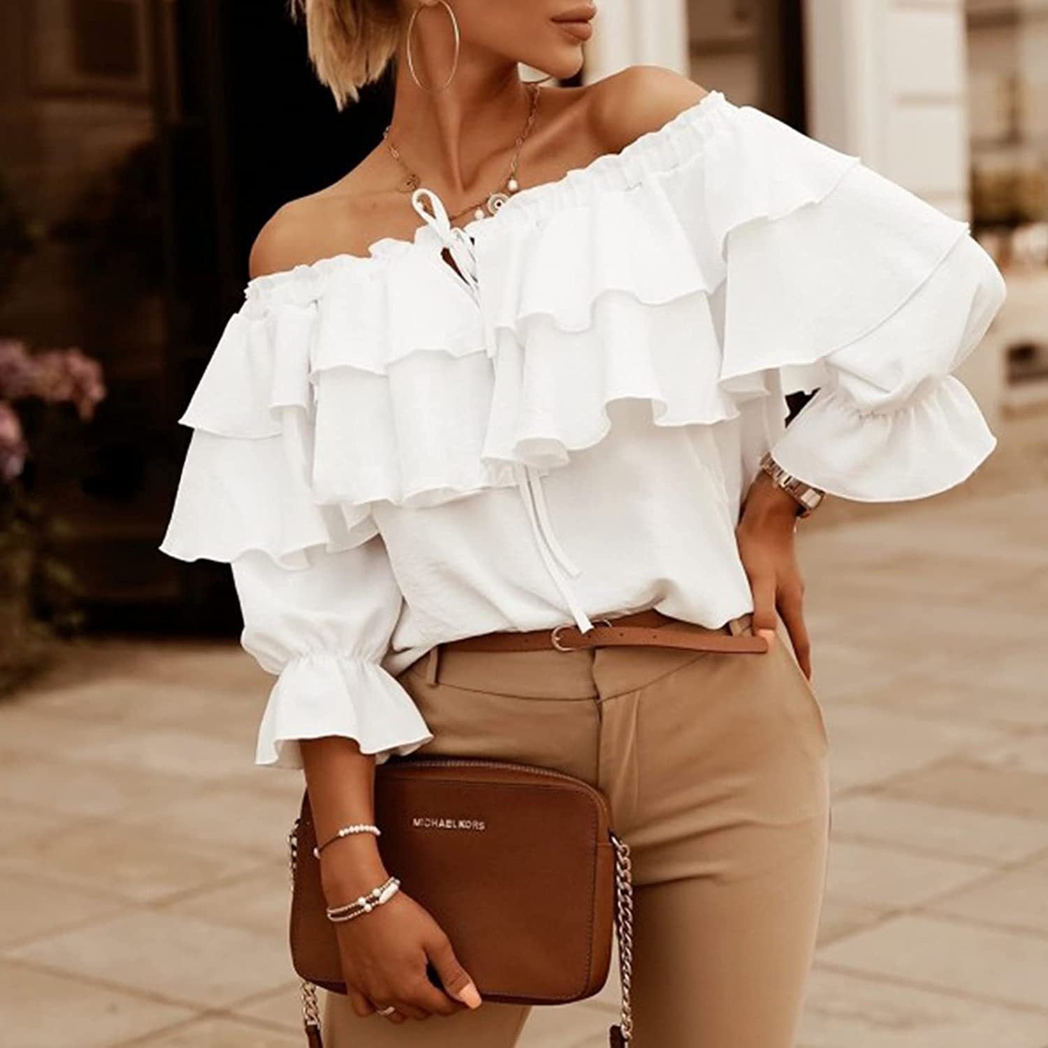 Damen Off-Shoulder Bluse mit Rüschendesign