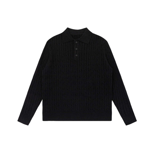 Unisex Grobstrick-Polokragen-Pullover mit Zopfmuster und halber Knopfleiste Shop Nory