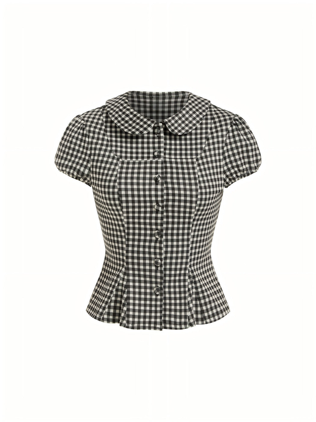 Damen Karo-Bluse mit Bubikragen, Taillierter Peplum-Silhouette und Puffärmeln Shop Nory