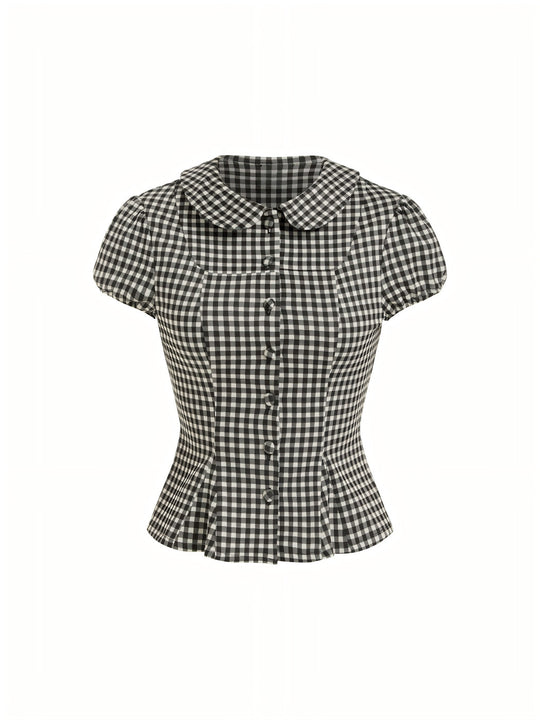 Damen Karo-Bluse mit Bubikragen, Taillierter Peplum-Silhouette und Puffärmeln Shop Nory