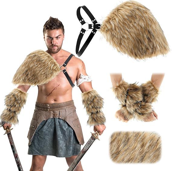 Herren Kriegerisches Kostüm‑Accessoire‑Set aus Kunstpelz mit Schulterbehang, Armschützern und verstellbarem Leder‑Harness Shop Nory