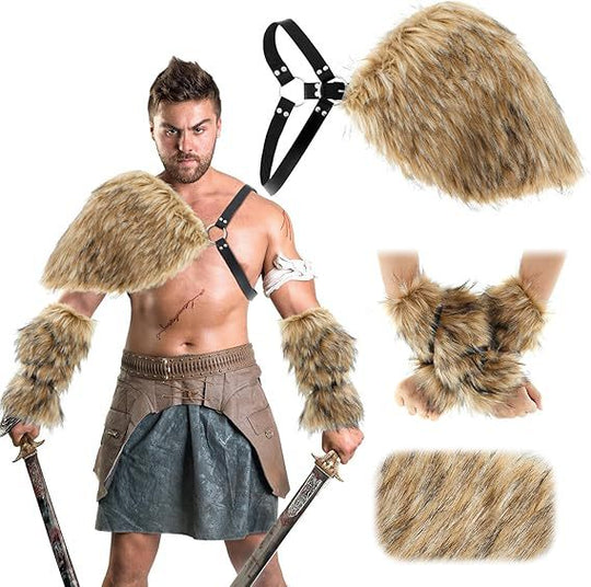 Herren Kriegerisches Kostüm‑Accessoire‑Set aus Kunstpelz mit Schulterbehang, Armschützern und verstellbarem Leder‑Harness Shop Nory