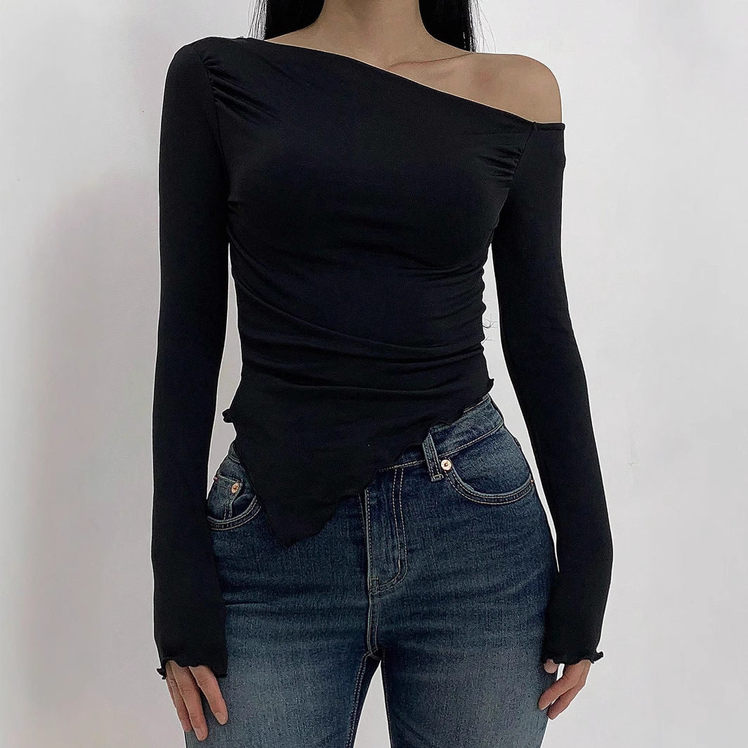 Damen Schulterfreies Figurbetontes Langarm-Cropped-Shirt mit Raffung und Wellensaum Shop Nory