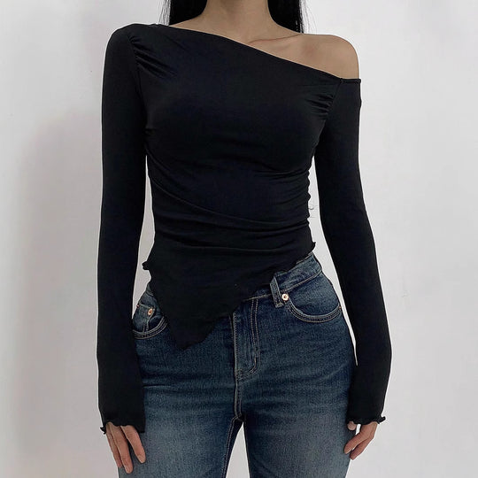 Damen Schulterfreies Figurbetontes Langarm-Cropped-Shirt mit Raffung und Wellensaum Shop Nory