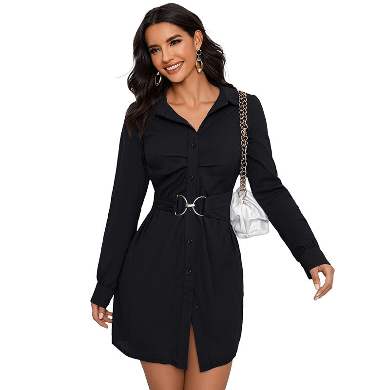 Damen Hemdblusenkleid mit figurbetonendem Taillengürtel und dekorativer Doppelschnalle Shop Nory