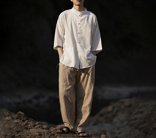 Herren Oversize Hemd im Kimono-Stil aus Leinen-Baumwollmix mit Stehkragen Shop Nory
