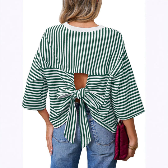 Damen Gestreiftes Oversize-Shirt mit Rückenausschnitt und Schleifenbindung Shop Nory