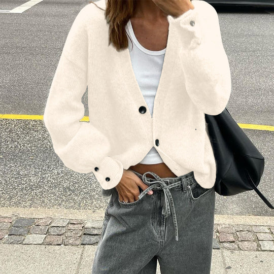 Damen nan lässige Strickjacke mit tiefem V-Ausschnitt, aufgesetzten Knopfleisten und Ballonärmeln Shop Nory