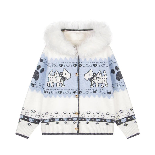 Damen Gemütliche Strickjacke mit Tiermuster und Pelzkragen Shop Nory