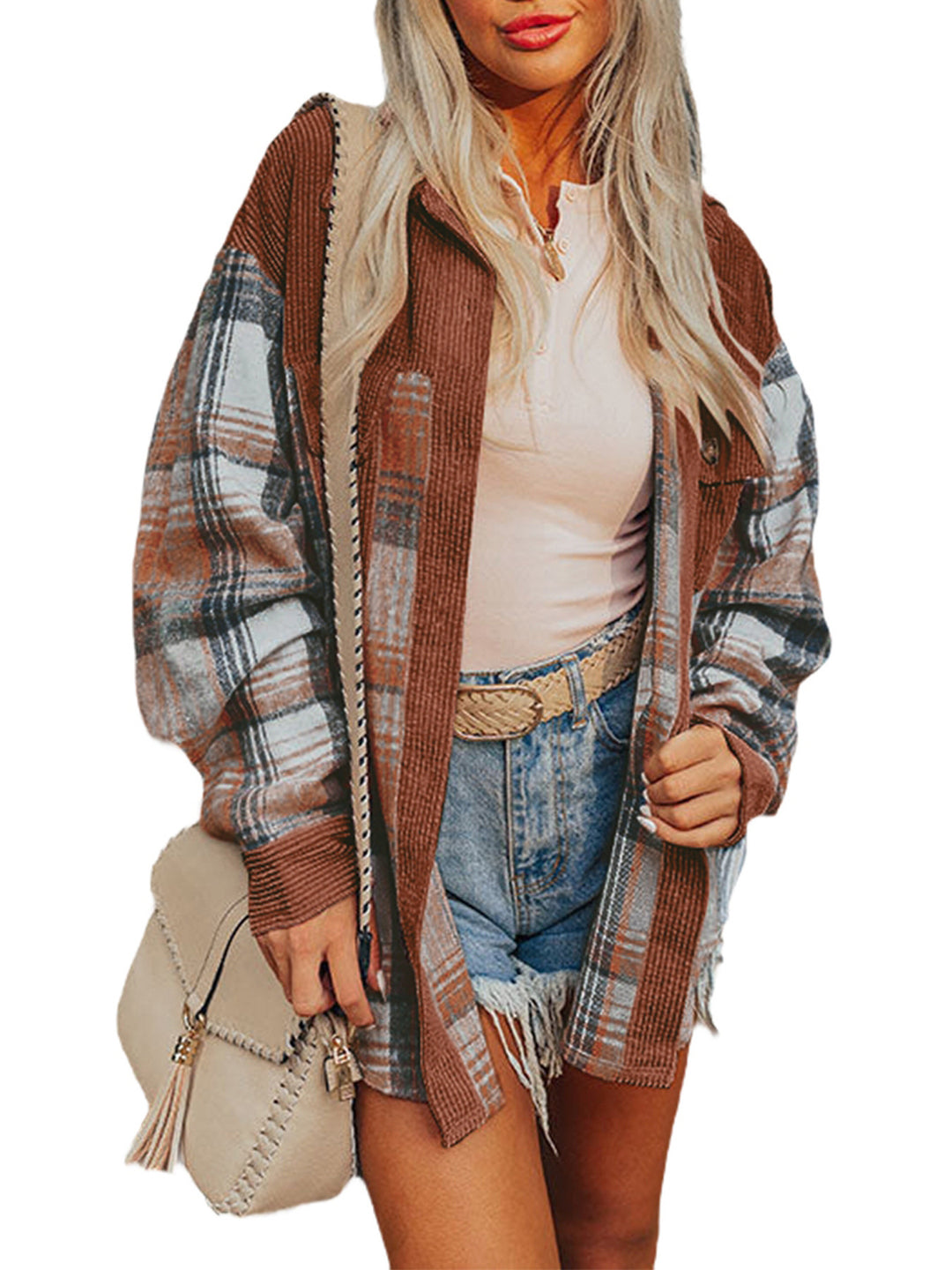 Damen Oversize Strick-Karo-Cardigan mit Cord-Einsätzen und aufgesetzten Taschen Shop Nory